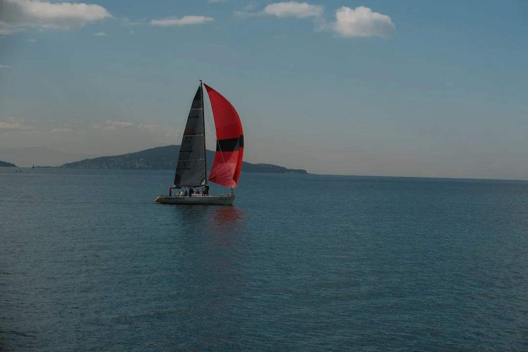 Sailboat with red and black spinnaker sail gliding across calm blue water