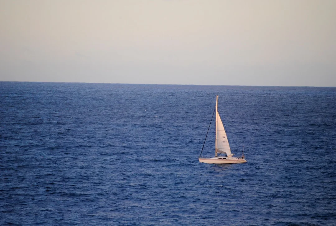 White sailboat sailing on calm blue ocean under clear daytime sky
