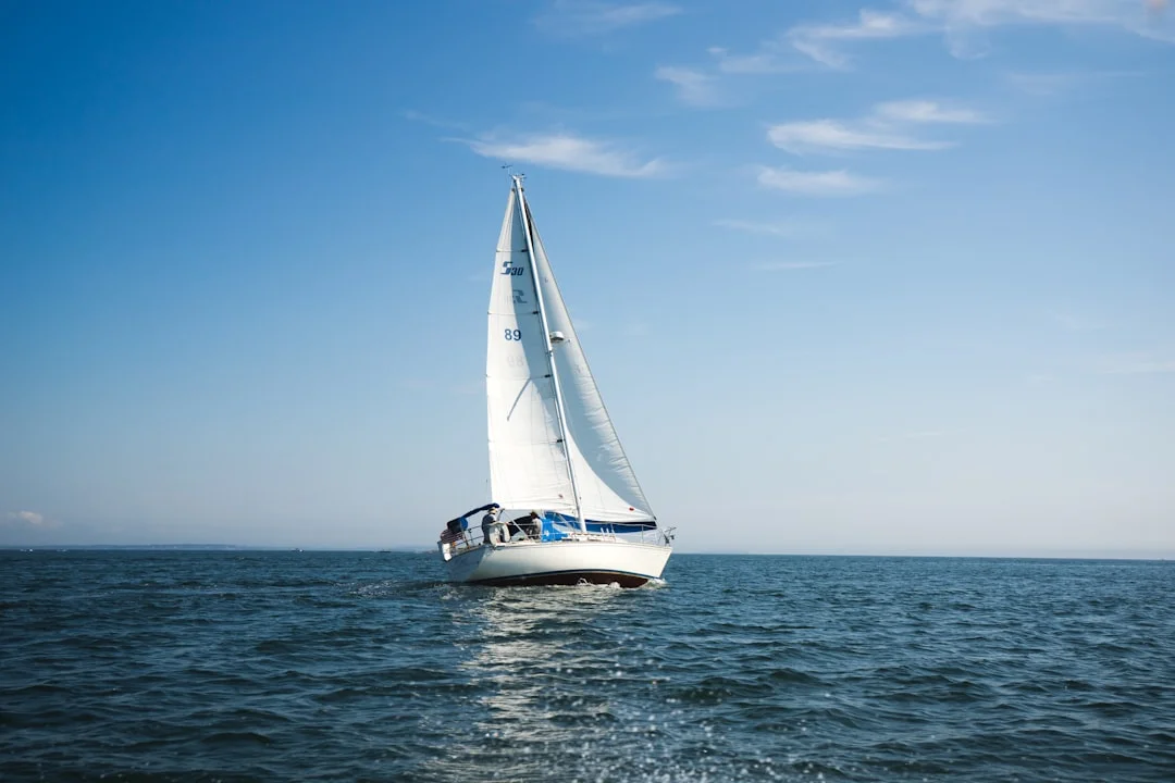 Blue and white sailboat cruising on a calm ocean