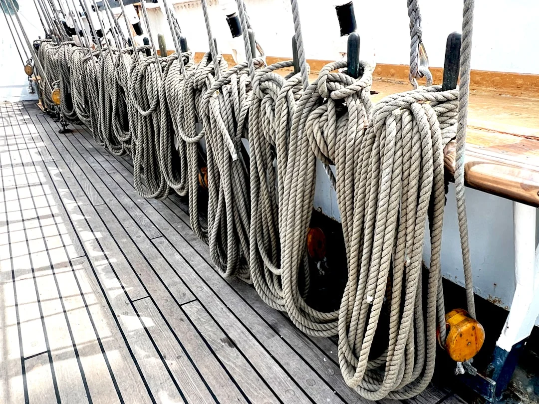 Sailing ropes and rigging lines on a yacht deck