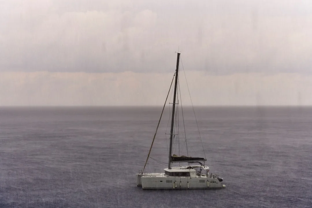 Catamaran sailing through choppy seas under overcast skies