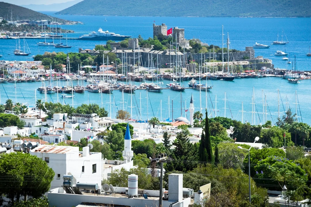 Bodrum Castle and harbour with yachts moored in the Aegean Sea