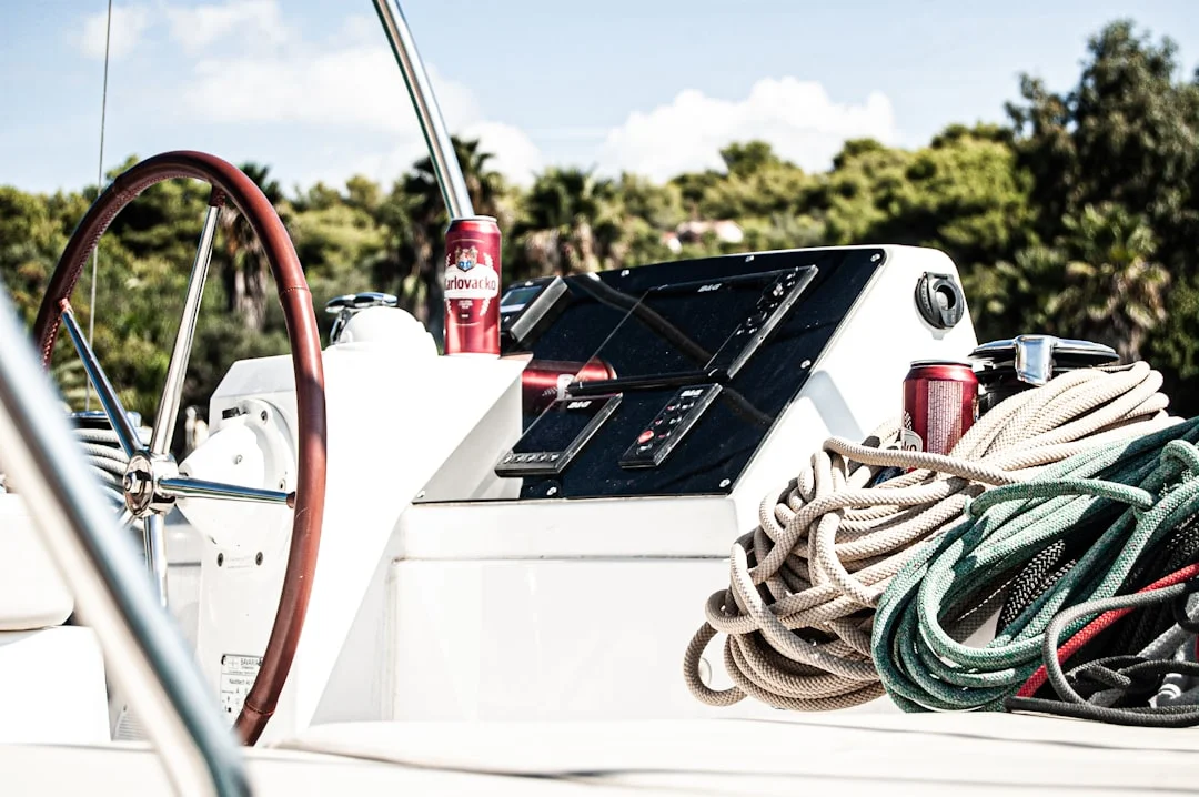 Catamaran deck view while sailing through the crystal blue Adriatic Sea in Croatia