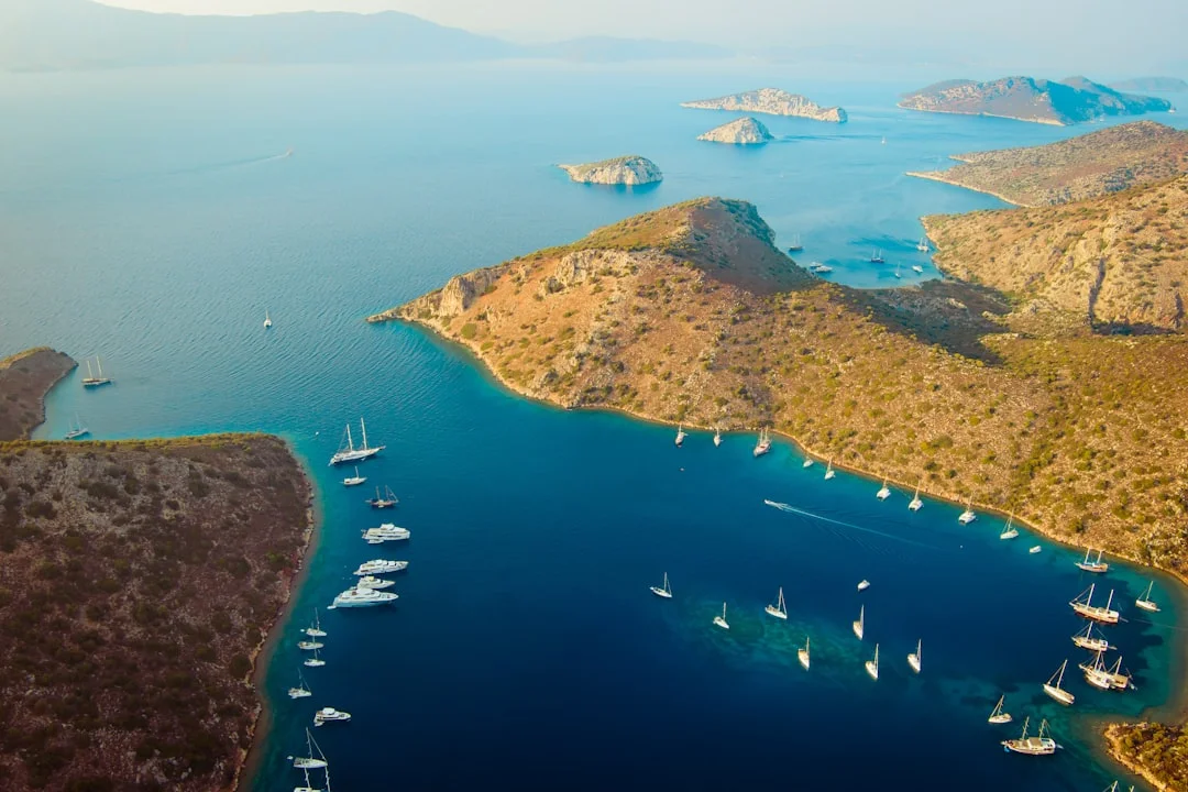 Aerial view of boats anchored in a turquoise bay near Marmaris, Turkey