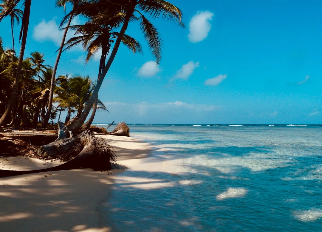 Panoramic view of San Blas Islands archipelago with scattered palm islands and blue Caribbean sea