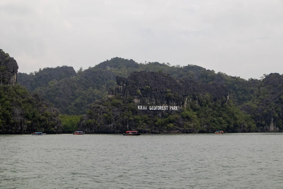 Boats in Kilim Geoforest Park Langkawi with mangrove cliffs