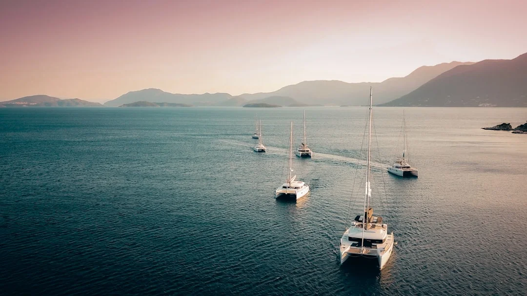 Sailboats running downwind across calm ocean at sunset in the trade wind belt