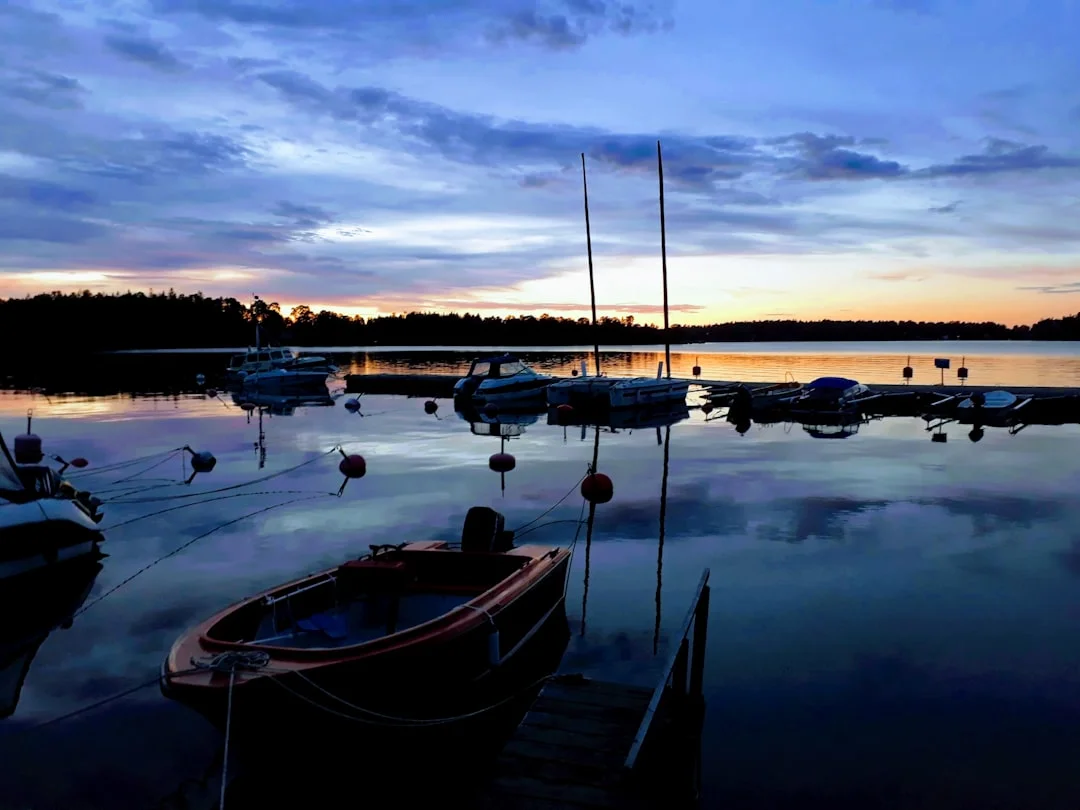 Cluster of sailing boats anchored in a sheltered Stockholm archipelago bay
