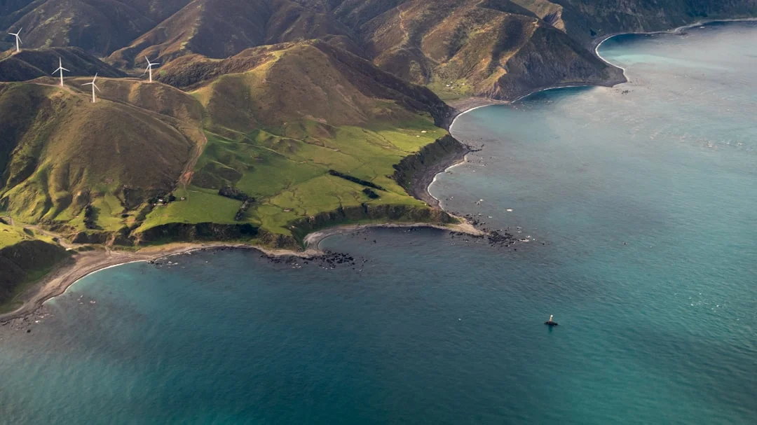 New Zealand fjord coastline with mountains rising from the sea