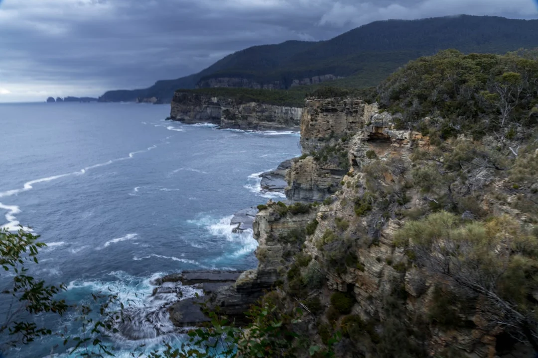 Rugged coastline with choppy Tasman Sea waves under cloudy sky