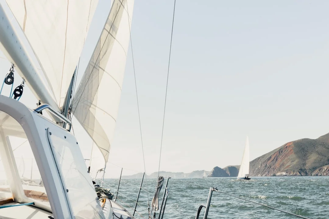 White catamaran sailing on calm blue water under clear skies