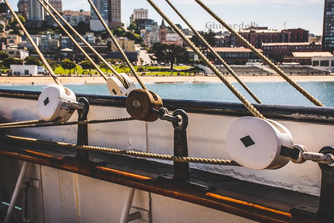 Summer afternoon reach with the Golden Gate in view, whitecaps building in the Slot
