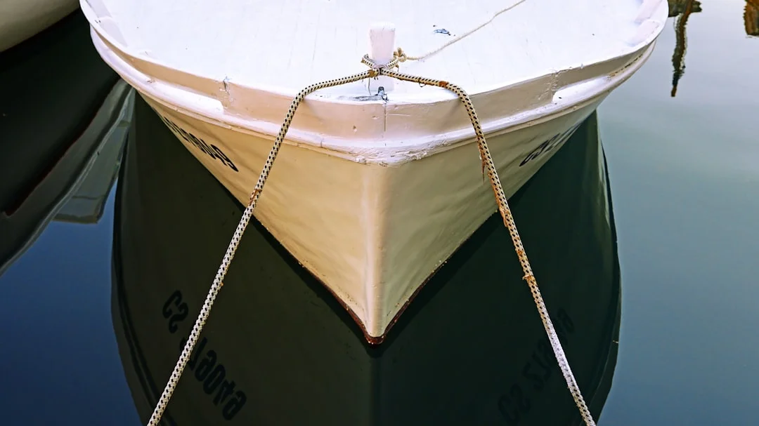 Sailboat approaching a finger-pier slip with wind ripples visible in the fairway