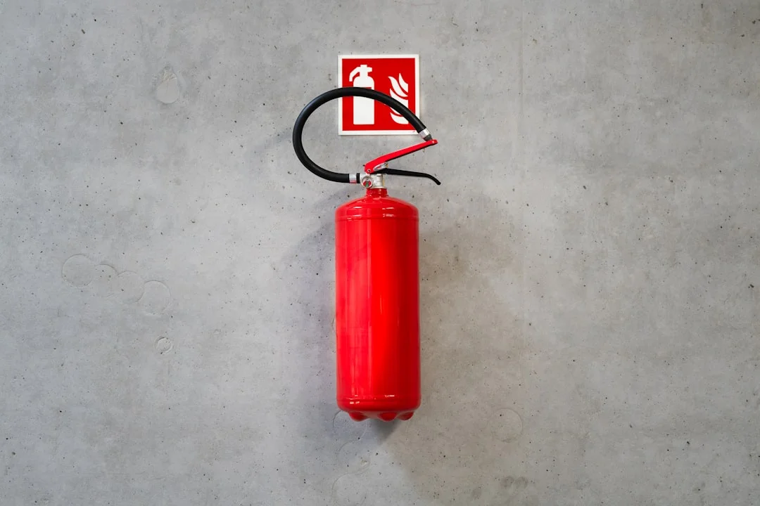 Helm-side clean-agent extinguisher mounted with quick-release bracket above the sole